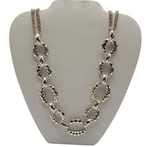 Hammered Silver Tone Statement Necklace Chain Link Design Adjustable Closure - Picture 1 of 8